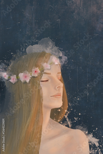 romantic illustration with a beautiful girl with golden blonde hair, with her eyes closed on a dark background, soft light falls on the girl from a spring window.