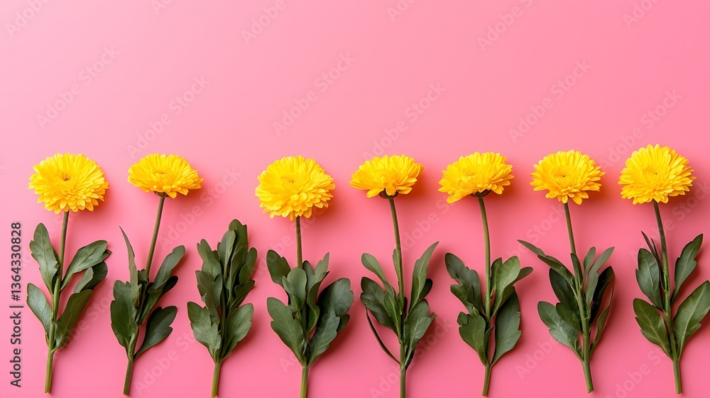 Obraz premium Bright Yellow Flowers with Green Leaves on Pink Background