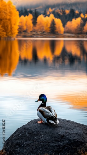 Serene Mallard Duck on Lake Rock at Sunset  Autumn Colors