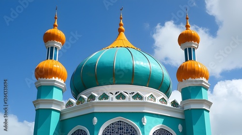 Colorful Mosque Dome Against Bright Blue Sky with White Clouds