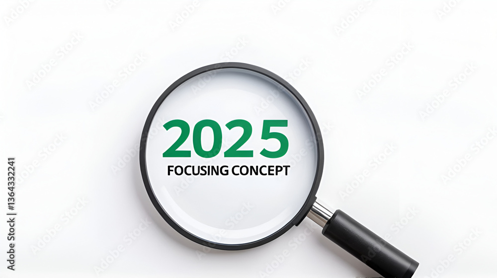 Magnifying glass is focusing on year 2025 concept on white background Magnifying glass is focusing on year 2025 concept on white background
