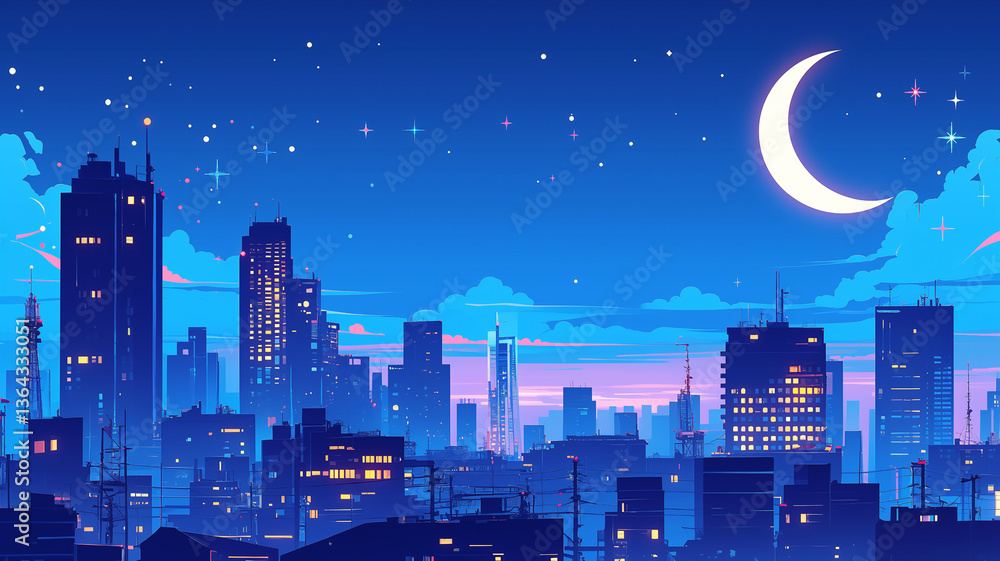 Naklejka premium 1980年代風レトロポップなネオンの都市夜景イラスト・満月とピンクの雲が広がる幻想的な都会の背景素材・ノスタルジックでエモーショナルな未来都市風景・青い夜空・美しい街並み・夜の都市