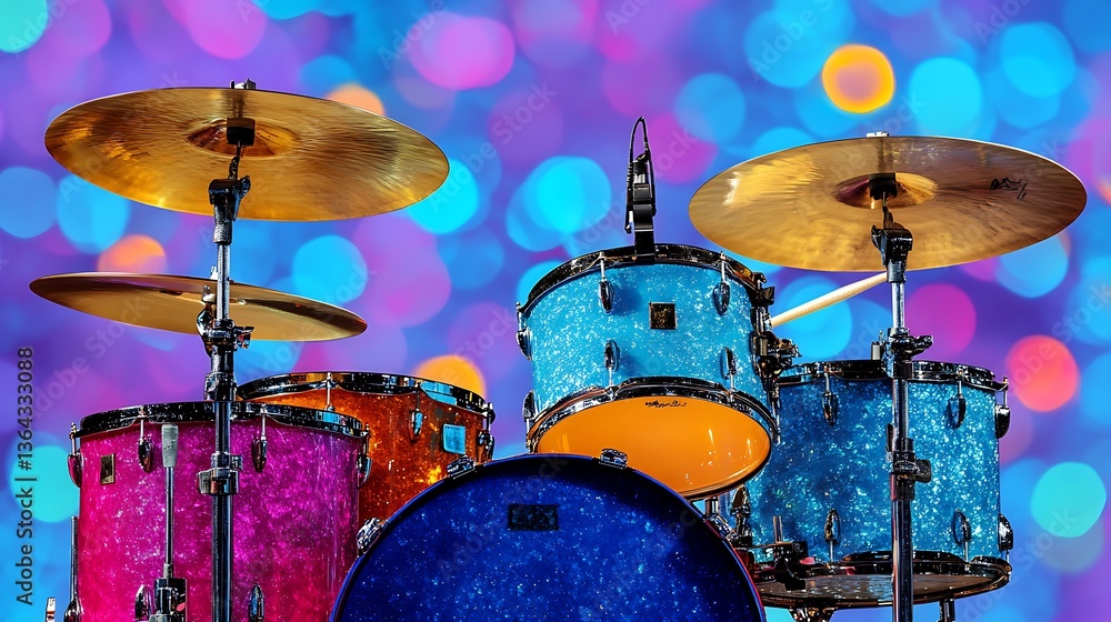 Colorful drum kit against bokeh background. Colorful drum kit against bokeh background.