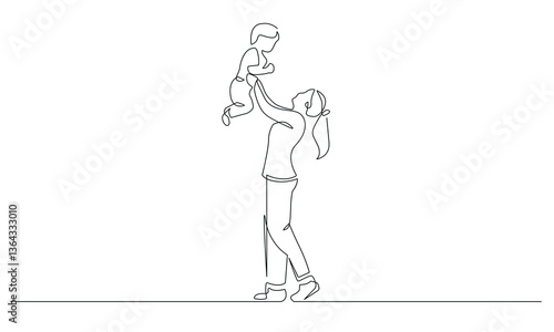 Mother with Child One Line Vector Illustration. Continuous Single Line Drawing of Mom Holds Daughter. Happy Mother`s Day Card with Hand Drawn Contour Silhouette Outline Style