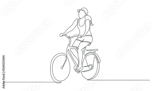 Woman Biker on Bicycle Continuous One Line Drawing. Female Sport Simple Linear Style. Bicycling Abstract Concept in Editable Stroke. Activity Lifestyle Doodle Contour Vector Illustration