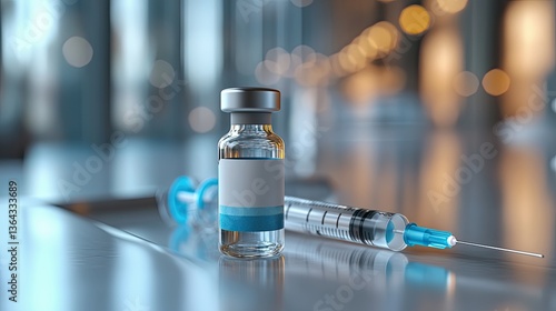 A close up shot featuring a vaccine vial and syringe