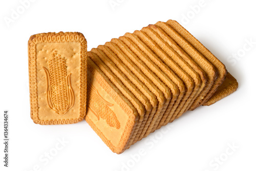 Lots of rectangular cookies on a white background. Cookies with the image of corn.