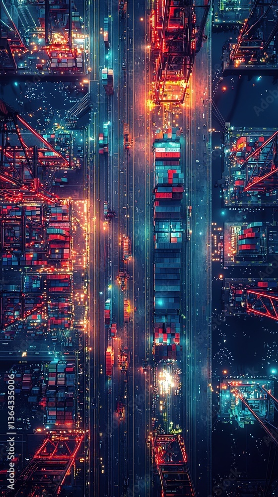 Fototapeta premium Aerial view captures illuminated busy shipping port at night