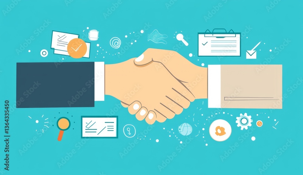 Vector illustration of two hands shaking on top, with a contract in the middle and other elements around it, teal background, flat design. Vector illustration of two hands shaking on top, with a contract in the middle and other elements around it, teal background, flat design.