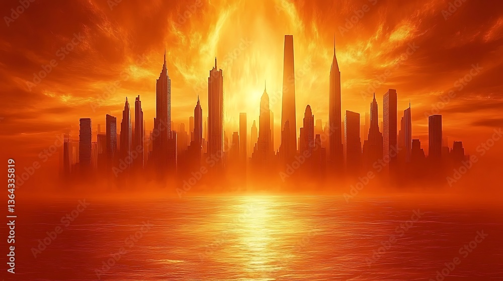 A fiery cityscape with tall buildings reflected in the water A fiery cityscape with tall buildings reflected in the water