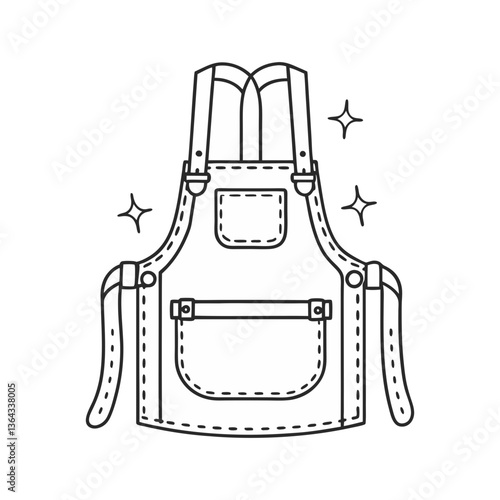 Utility overalls apron vector with front pockets, straps, and sparkles, illustrated in a clean outlined style perfect for crafts, kitchen, or workshop themes.