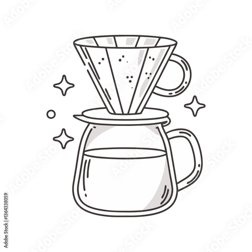 Pour-over coffee maker vector with dripper and carafe, accented by sparkles in a clean outlined style perfect for café, brewing, or morning themes.