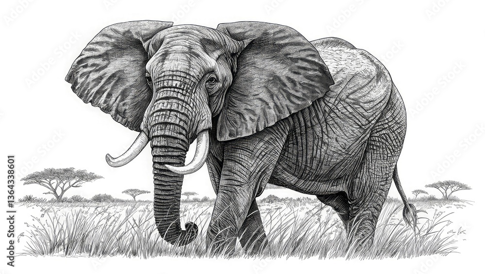 Naklejka premium Mother African elephant with baby in the wild safari of Kenya, displaying large tusks and big ears amidst the grass, part of the Big 5 wildlife