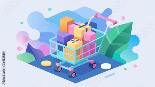 Shopping cart filled with colorful gift boxes, symbolizing online shopping and e-commerce.

