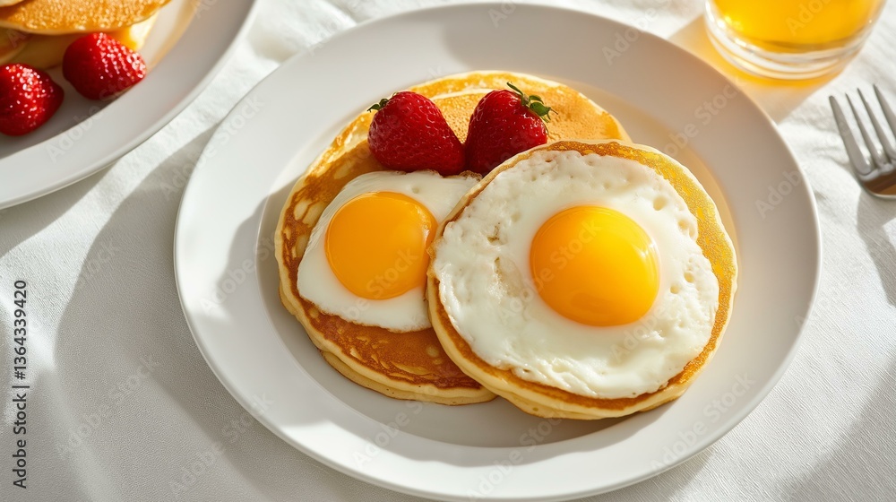 Pancakes with Eggs and Strawberries - Breakfast Delight Pancakes with Eggs and Strawberries - Breakfast Delight
