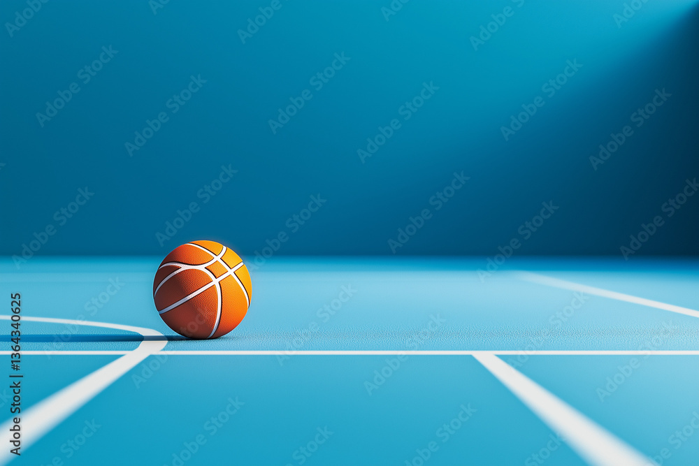 Obraz premium Basketball Court Orange Ball, Blue Floor, White Lines, Sport, Game, Play