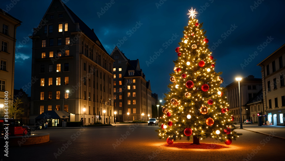 Festive Urban Charm: Christmas Tree Adorned with Lights and Ornaments Amidst Construction Site - A Unique Blend of Holiday Spirit and Urban Development in Photo Stock Festive Urban Charm: Christmas Tree Adorned with Lights and Ornaments Amidst Construction Site - A Unique Blend of Holiday Spirit and Urban Development in Photo Stock