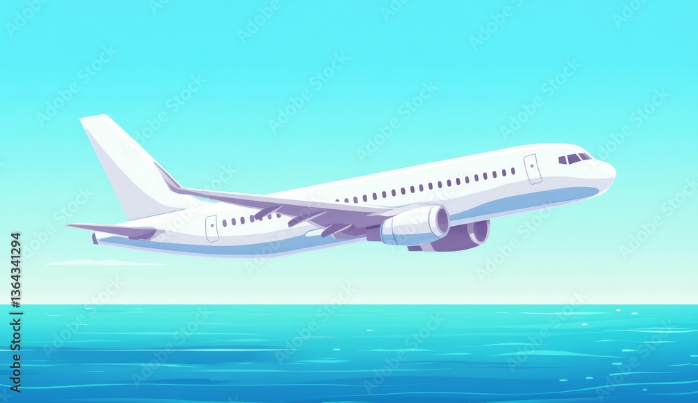 A flat design illustration of an airplane taking off, side view, against the backdrop of sea and sky. The plane is in full color with detailed textures on its wings, engines. A flat design illustration of an airplane taking off, side view, against the backdrop of sea and sky. The plane is in full color with detailed textures on its wings, engines.