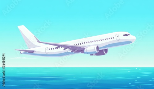 Wallpaper Mural A flat design illustration of an airplane taking off, side view, against the backdrop of sea and sky. The plane is in full color with detailed textures on its wings, engines. Torontodigital.ca