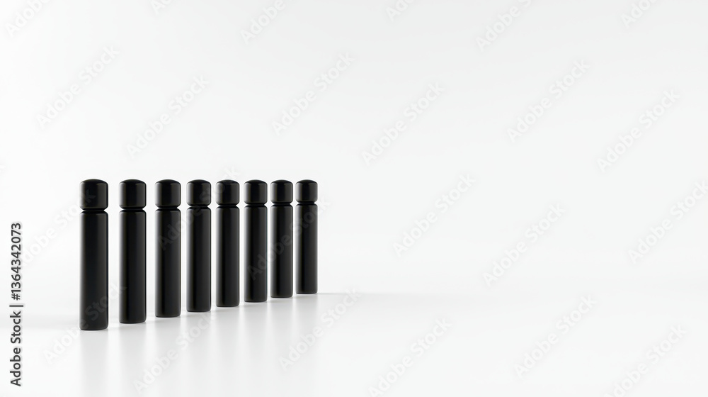 Minimalistic black figures arranged in line on white background, creating sense of order and simplicity Minimalistic black figures arranged in line on white background, creating sense of order and simplicity