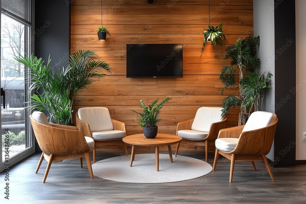 Fototapeta premium a cozy living space with wooden accent walls and modern furniture, creating a warm and inviting atmosphere. The room is adorned with indoor plants