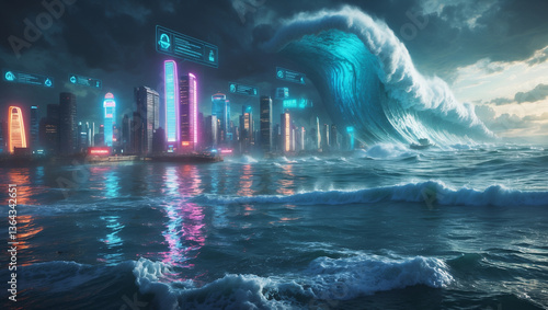  Futuristic City Engulfed by a Massive Tsunami - Cyberpunk Disaster Scene