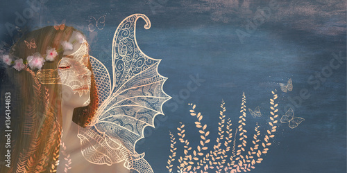 A romantic girl with her eyes closed, a nymph, stands against a dark background. An image of a fabulous fantasy dragon from a projector is projected onto it.