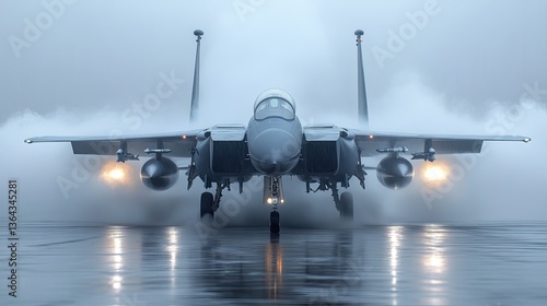 A front facing view of a jet aircraft on the ground