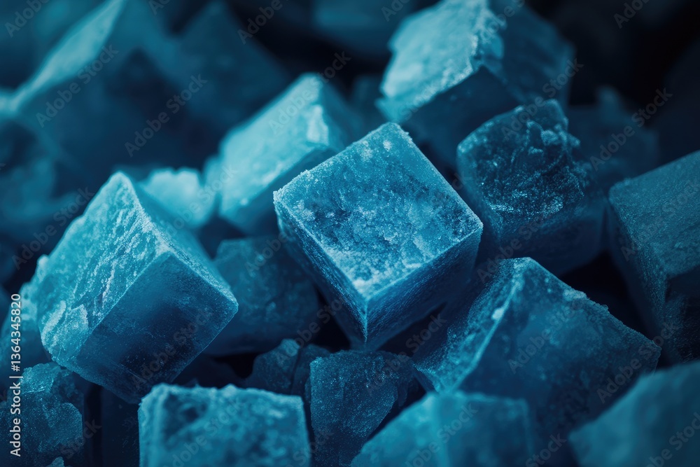 Close-up view of crystalline blue cubes. A detailed macro shot of numerous small, square, icy-blue crystals. They are densely packed together, showcasing a fascinating geometric pattern Close-up view of crystalline blue cubes. A detailed macro shot of numerous small, square, icy-blue crystals. They are densely packed together, showcasing a fascinating geometric pattern