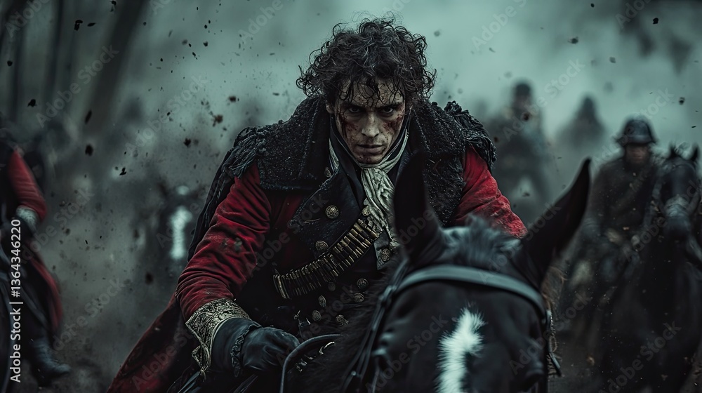 A determined man riding a horse during an intense battle scene A determined man riding a horse during an intense battle scene