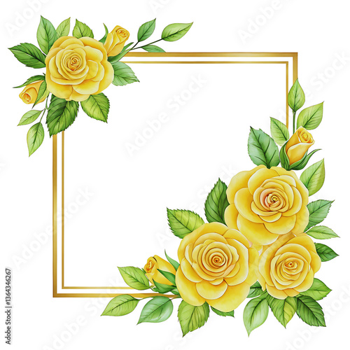 Watercolor Yellow Roses with Green Leaves and Golden Botanical Illustration
