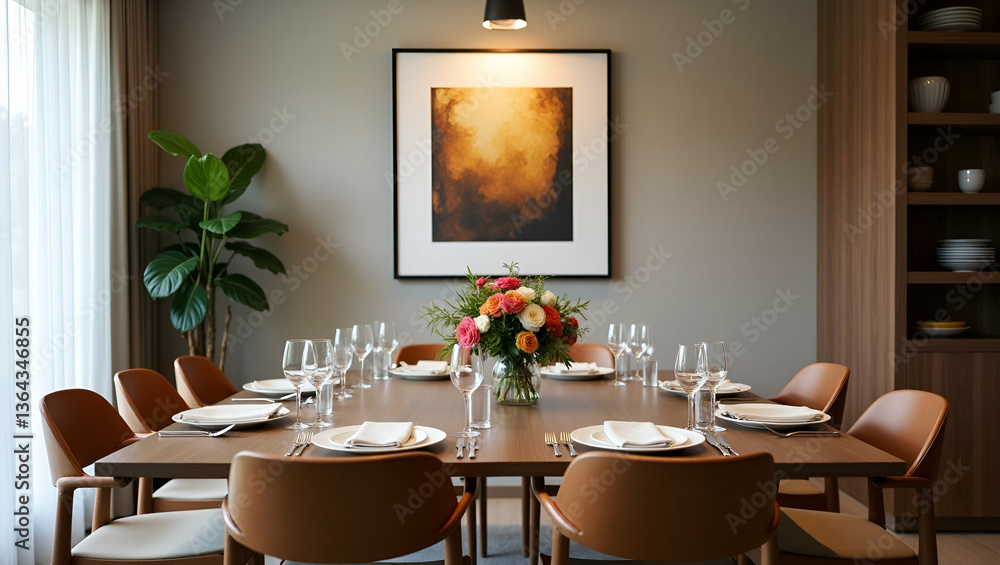 Elegant Home Dining Setup: Dining Table Arranged with Picture Frame on Wall - Perfect Decor Ideas for Your Dining Room | Photo Stock Concept with Empty Space for Customization Elegant Home Dining Setup: Dining Table Arranged with Picture Frame on Wall - Perfect Decor Ideas for Your Dining Room | Photo Stock Concept with Empty Space for Customization