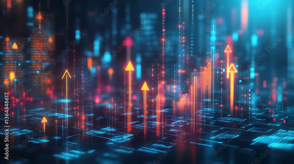 Fototapeta premium A futuristic representation of business growth with arrows and financial graphs rising in the background, symbolizing success