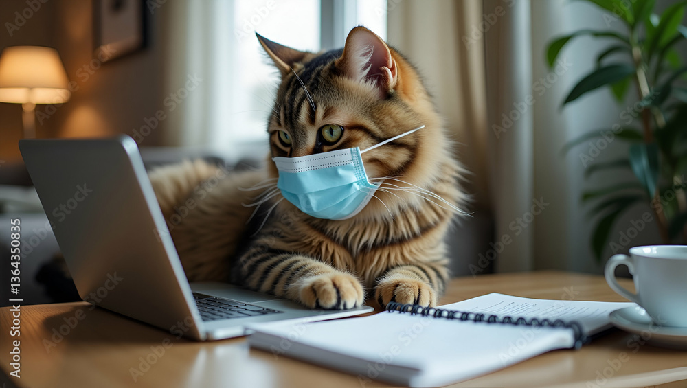 Flat Home office with work from home and playing with cat wearing face mask while working to keep social distancing during COVID 19 freelancer work online lifestyle concept. concept as Home office set Flat Home office with work from home and playing with cat wearing face mask while working to keep social distancing during COVID 19 freelancer work online lifestyle concept. concept as Home office set