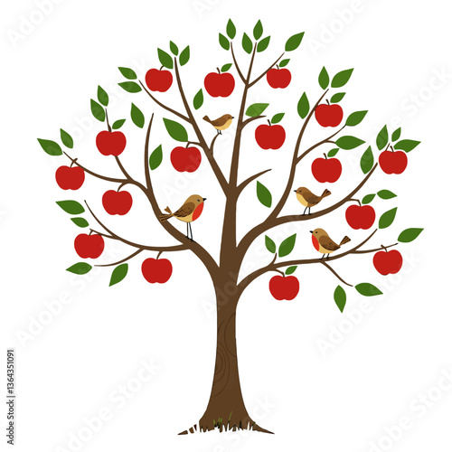 A whimsical apple tree with yellow birds and red apples.