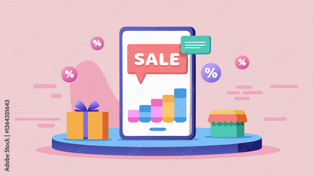 Obraz premium Stylized digital illustration representing an online sale or e-commerce concept with a smartphone storefront and a bold 