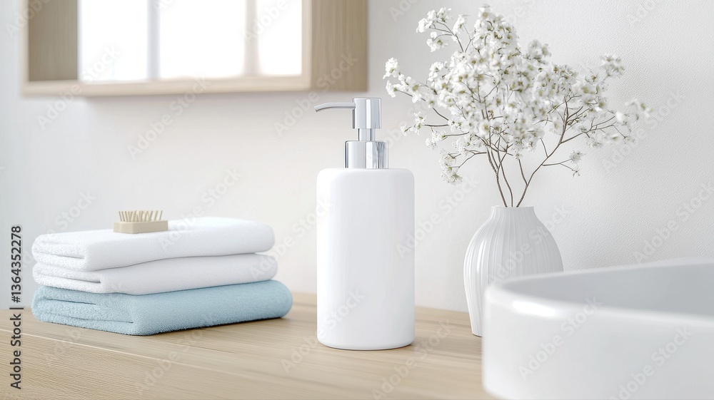 Fototapeta premium Minimalist bathroom countertop with soap dispenser, folded towels, and decorative vase with flowers.