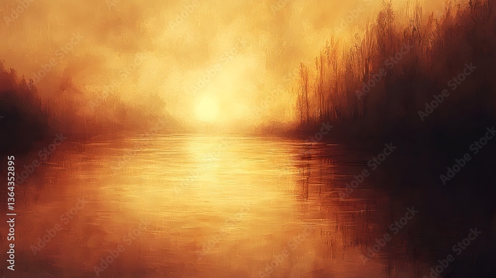 Golden sunset over calm lake, hazy trees Golden sunset over calm lake, hazy trees