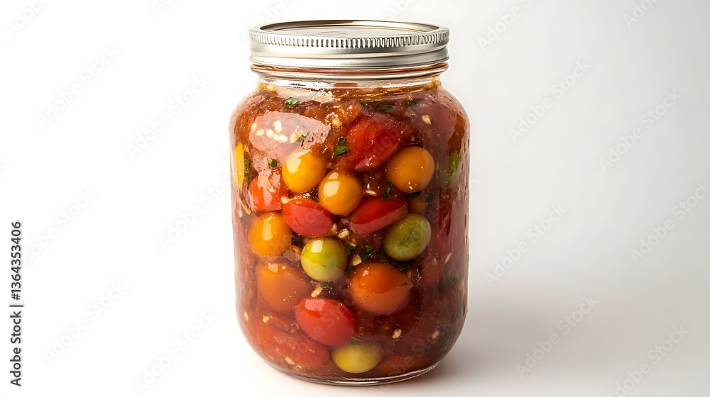 Jar filled with colorful tomatoes and sauce against white backdrop Jar filled with colorful tomatoes and sauce against white backdrop
