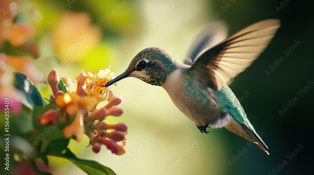 Vibrant hummingbird sips nectar from honeysuckle in artistic slow motion Vibrant hummingbird sips nectar from honeysuckle in artistic slow motion
