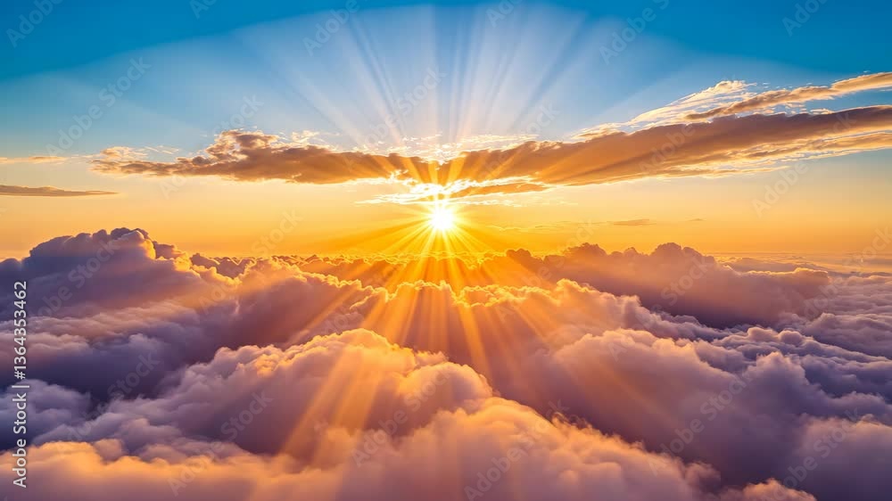 Majestic sunrise illuminating clouds in a vast sky over a peaceful landscape at dawn Majestic sunrise illuminating clouds in a vast sky over a peaceful landscape at dawn
