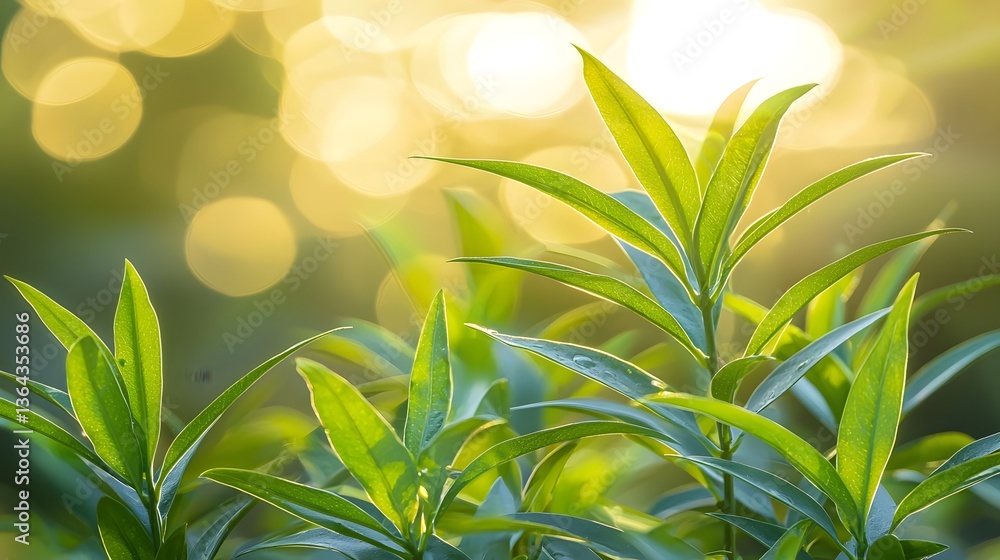 Obraz premium Lush Green Leaves with Sunlight and Bokeh Background Effect