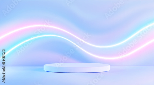 Hologram 3d stage with neon curved light waves on blue pastel gradient background. Empty circular platform for product display. Minimalist futuristic podium illuminated by glowing wavy lines.