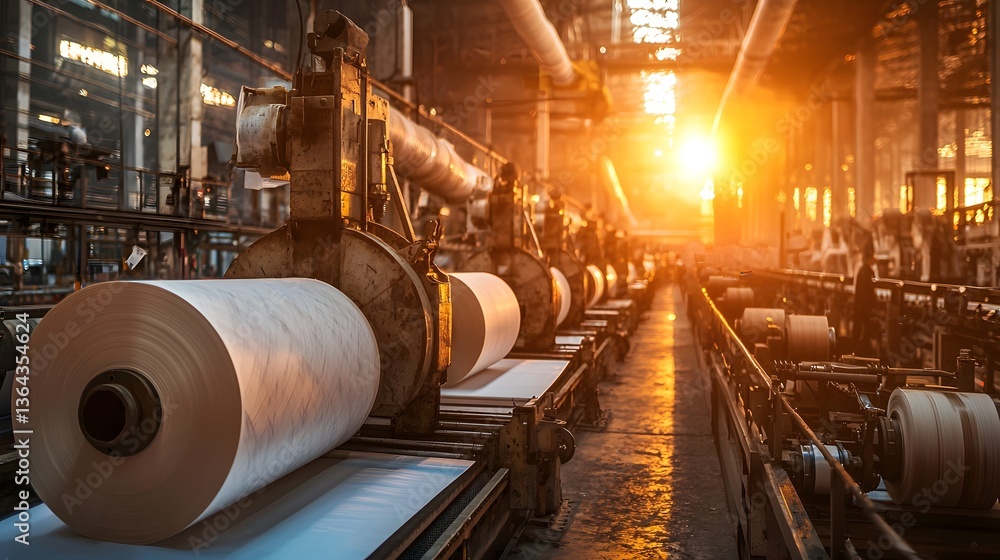 Industrial Factory Production Line with Paper Rolls in Sunset Light Industrial Factory Production Line with Paper Rolls in Sunset Light