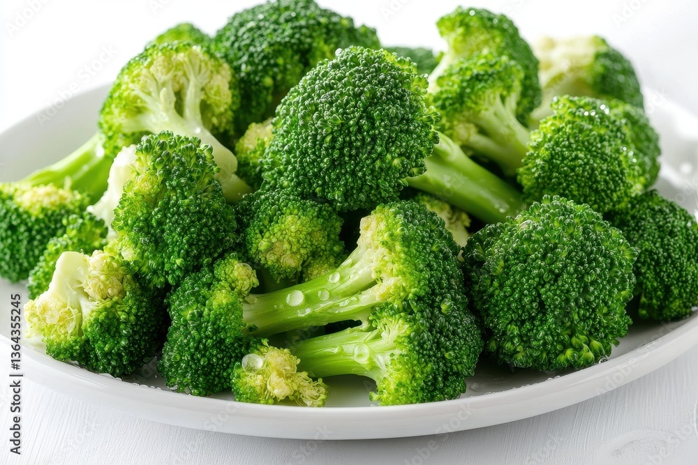Fresh green broccoli florets with water droplets on a white plate. Showcase healthy eating, vegan food, or ingredient visuals. Fresh green broccoli florets with water droplets on a white plate. Showcase healthy eating, vegan food, or ingredient visuals.