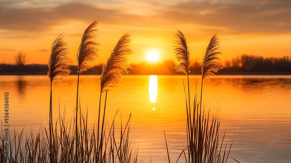 Sunset Reflection on Calm Water with Silhouetted Grass Blades Sunset Reflection on Calm Water with Silhouetted Grass Blades