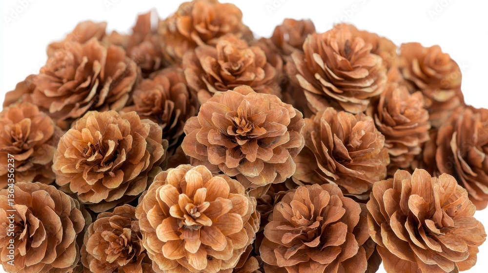Pile of brown pinecones, tightly packed together, studio shot, white background Pile of brown pinecones, tightly packed together, studio shot, white background