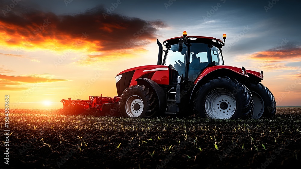 Fototapeta premium Red Tractor Plows Field at Sunset