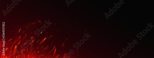 Fire sparks and glowing embers swirling in dark space, red hot burning particles flying up, fiery abstract background with blaze flares, smoldering flame fragments scattering from bonfire or explosion