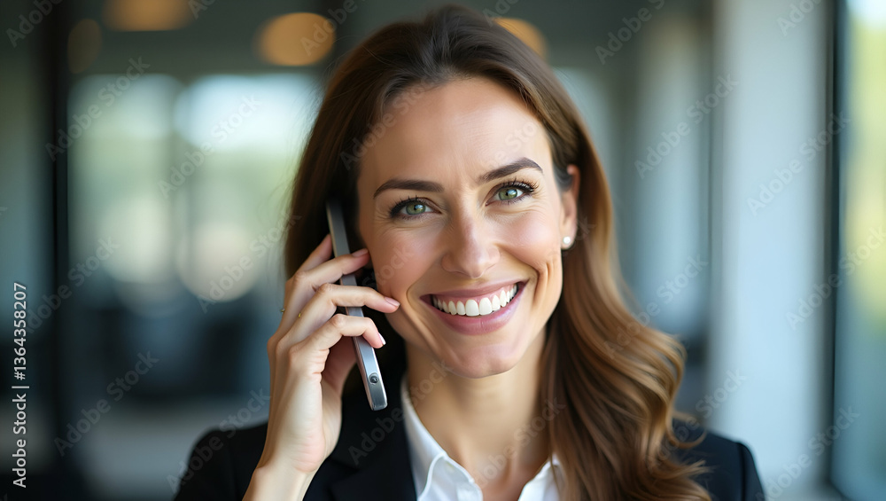Cheerful 40-Year-Old Businesswoman Making Phone Call in Office - Vector Art Cheerful 40-Year-Old Businesswoman Making Phone Call in Office - Vector Art